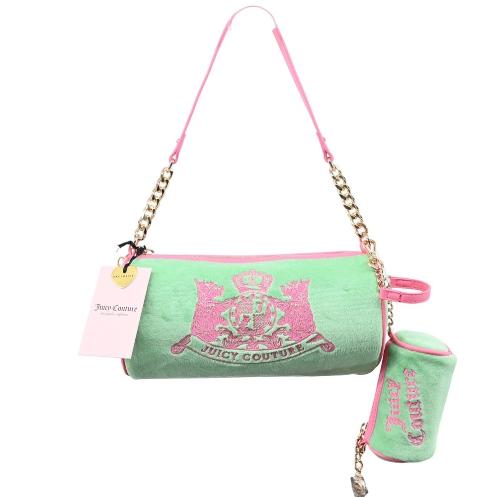 NWT Juicy Couture Retro Velour Barrel Bag Green Pink Y2K Scottie Crest Satchel